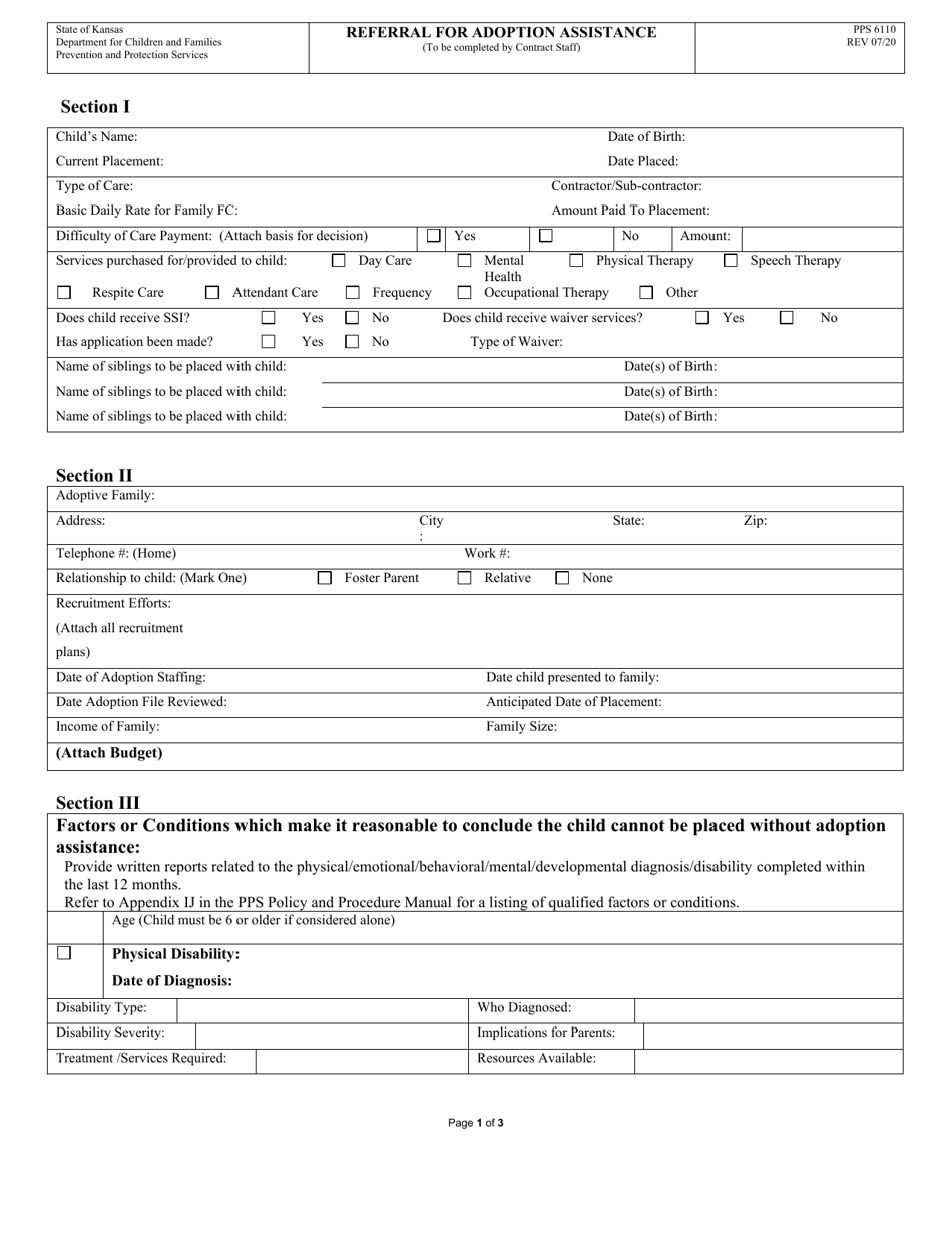 Form PPS6110 Referral for Adoption Assistance - Kansas, Page 1