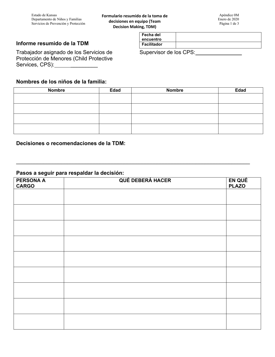 Apendice 0M Formulario Resumido De La Toma De Decisiones En Equipo (Team Decision Making, Tdm) - Kansas (Spanish), Page 1