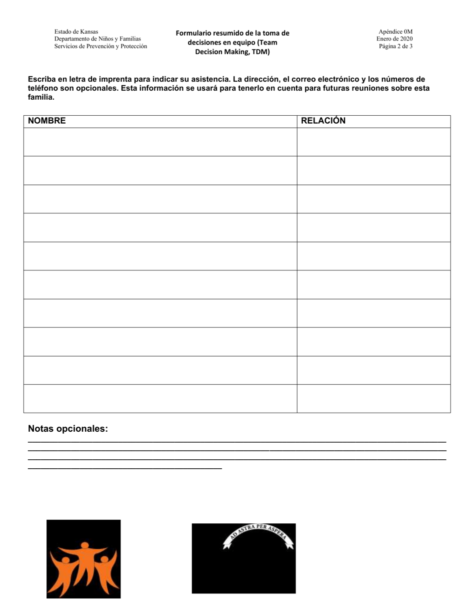 Apendice 0M Formulario Resumido De La Toma De Decisiones En Equipo (Team Decision Making, Tdm) - Kansas (Spanish), Page 2