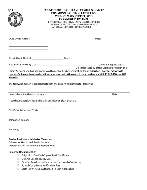 Custody Verification Letter - Learner's Permit - Kentucky Download Pdf