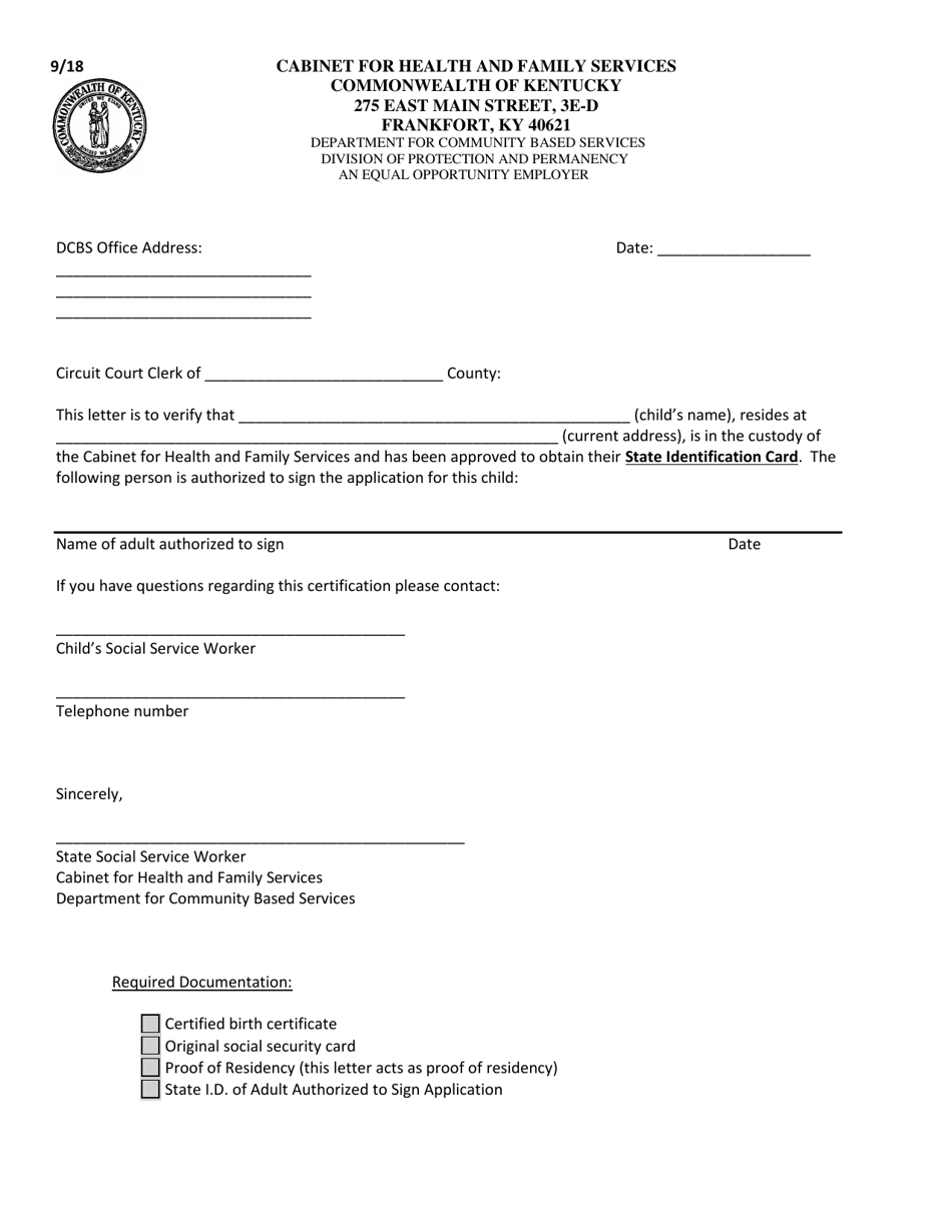 Custody Verification Letter - State I.d - Kentucky, Page 1