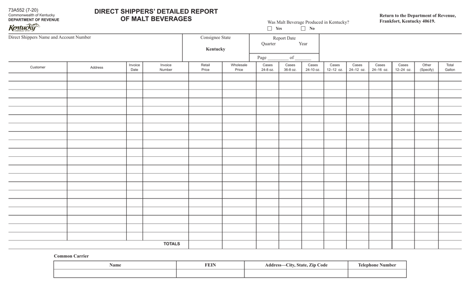 Form 73A552 Direct Shippers Detailed Report of Malt Beverages - Kentucky, Page 1