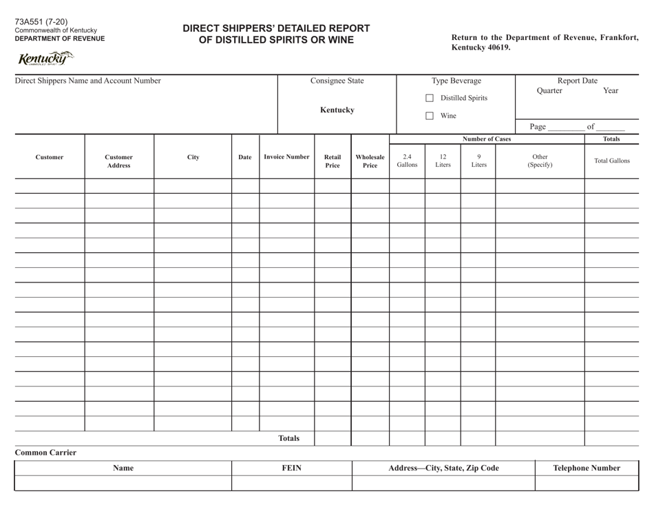 Form 73A551 Direct Shippers Detailed Report of Distilled Spirits or Wine - Kentucky, Page 1