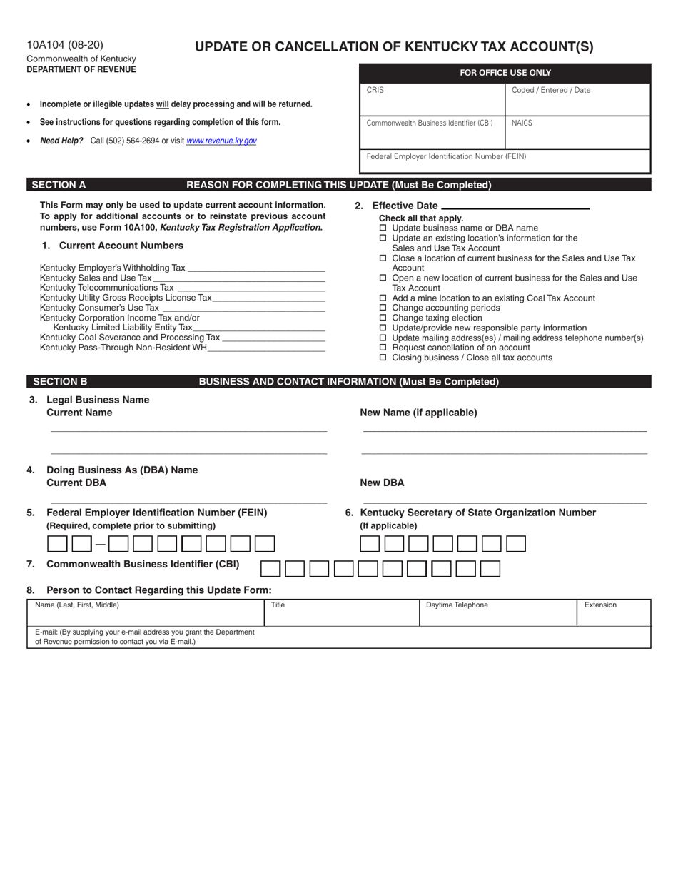 Form 10A104 Update or Cancellation of Kentucky Tax Account(S) - Kentucky, Page 1