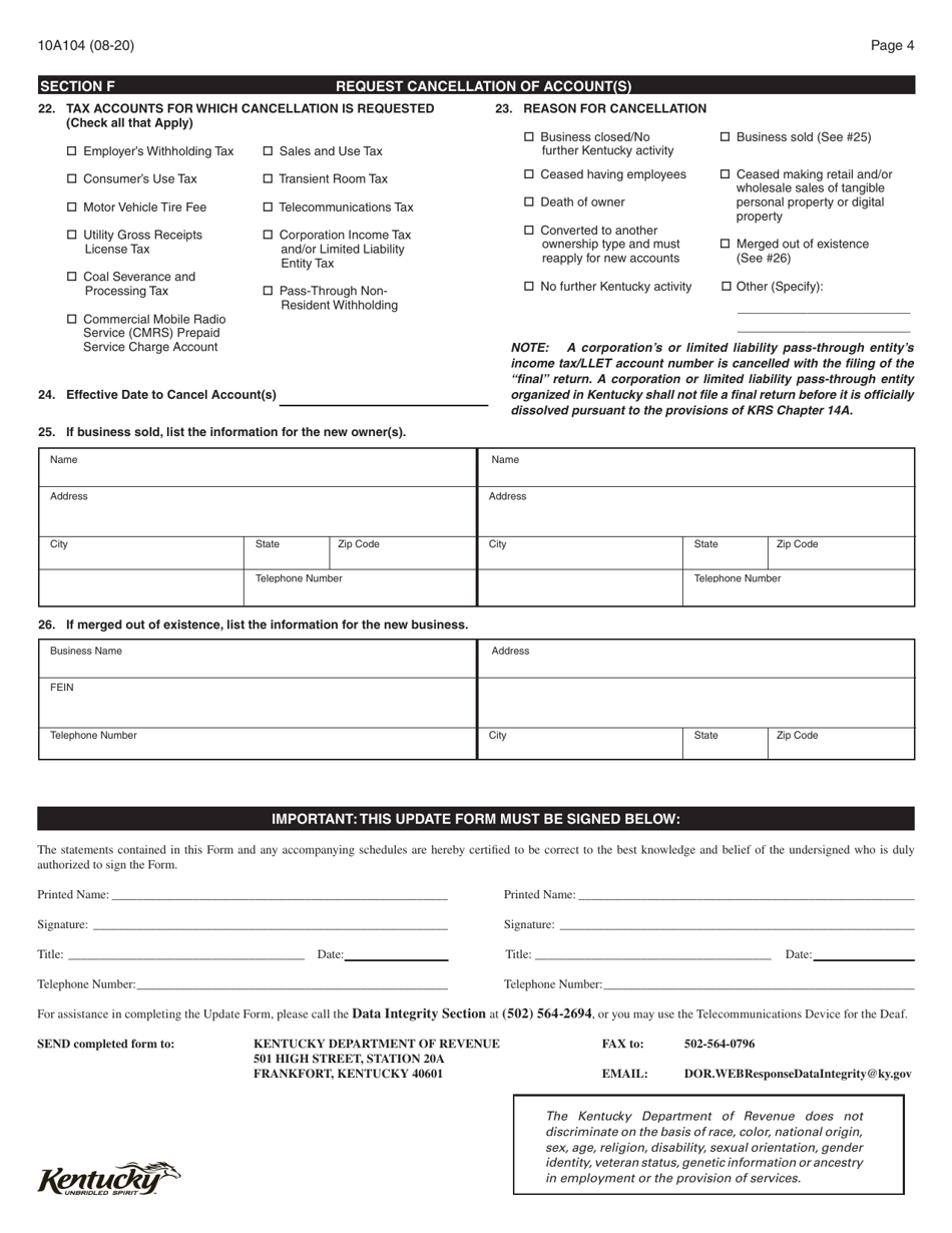 Form 10A104 Update or Cancellation of Kentucky Tax Account(S) - Kentucky, Page 4