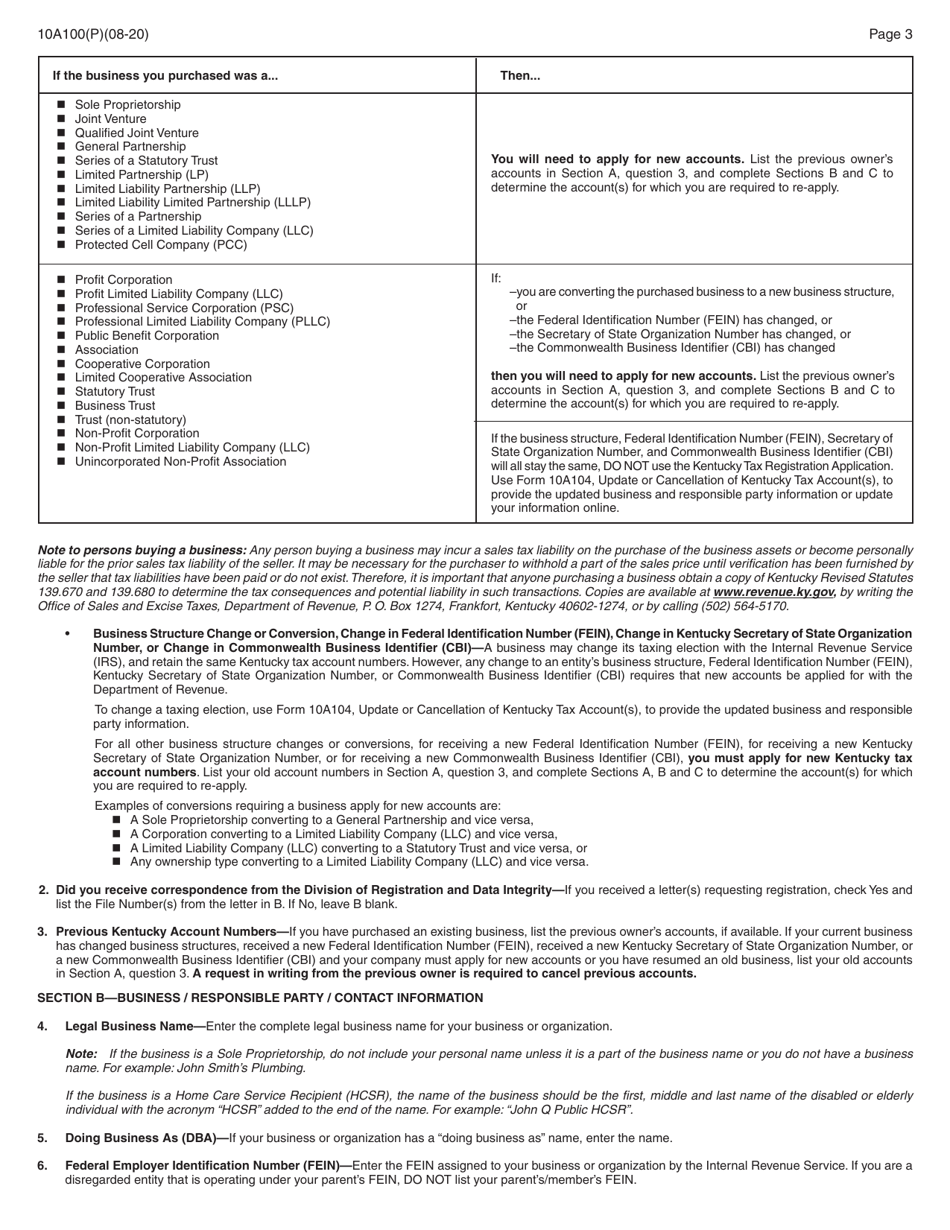 Form 10A100(P) Kentucky Tax Registration Application - Kentucky, Page 18