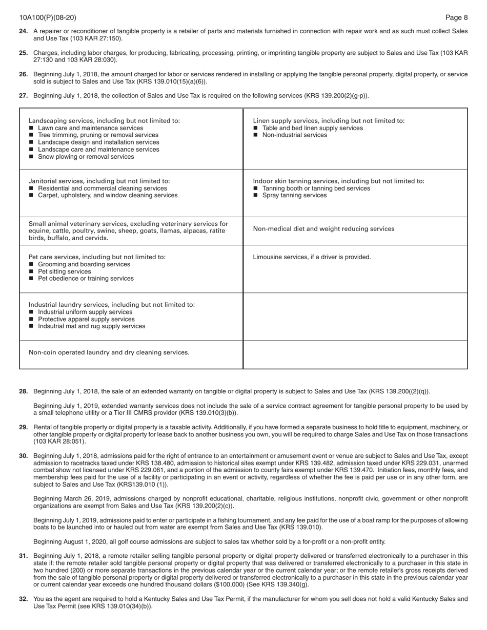 Form 10A100(P) Kentucky Tax Registration Application - Kentucky, Page 23