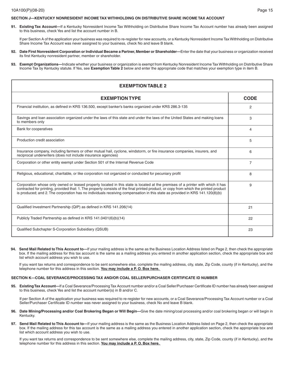 Form 10A100(P) Kentucky Tax Registration Application - Kentucky, Page 30