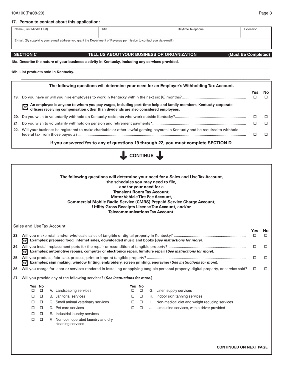 Form 10A100(P) Kentucky Tax Registration Application - Kentucky, Page 5