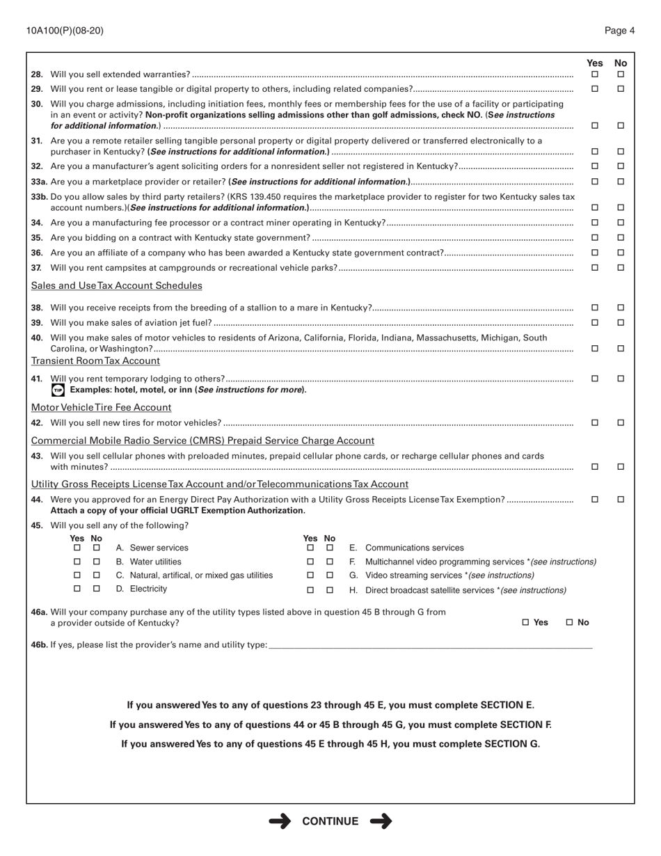 Form 10A100(P) Kentucky Tax Registration Application - Kentucky, Page 6