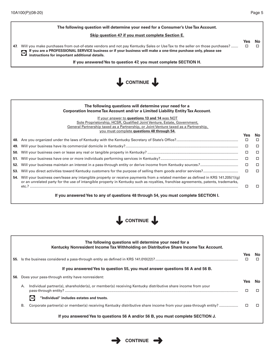 Form 10A100(P) Kentucky Tax Registration Application - Kentucky, Page 7