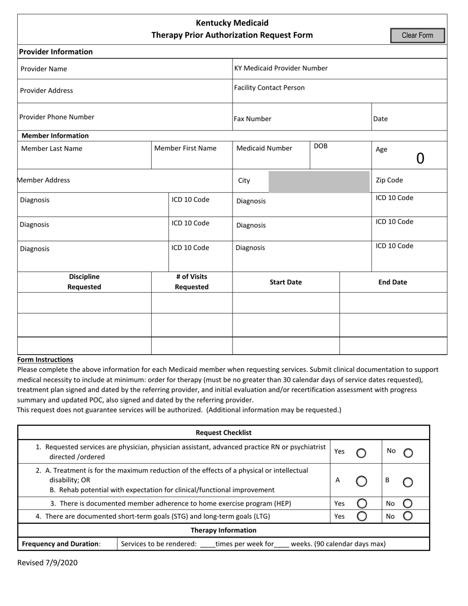 Kentucky Medicaid Therapy Prior Authorization Request Form - Kentucky, Page 1