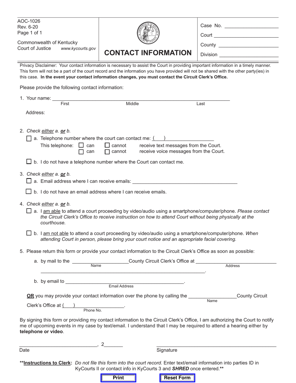 Form AOC-1026 Contact Information - Kentucky, Page 1
