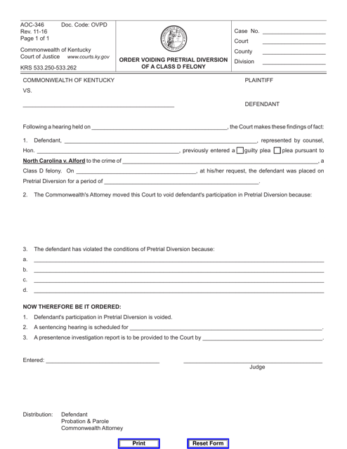 Form AOC-346 Order Voiding Pretrial Diversion of a Class D Felony - Kentucky