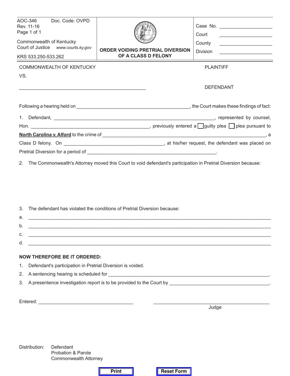 Form AOC-346 Order Voiding Pretrial Diversion of a Class D Felony - Kentucky, Page 1