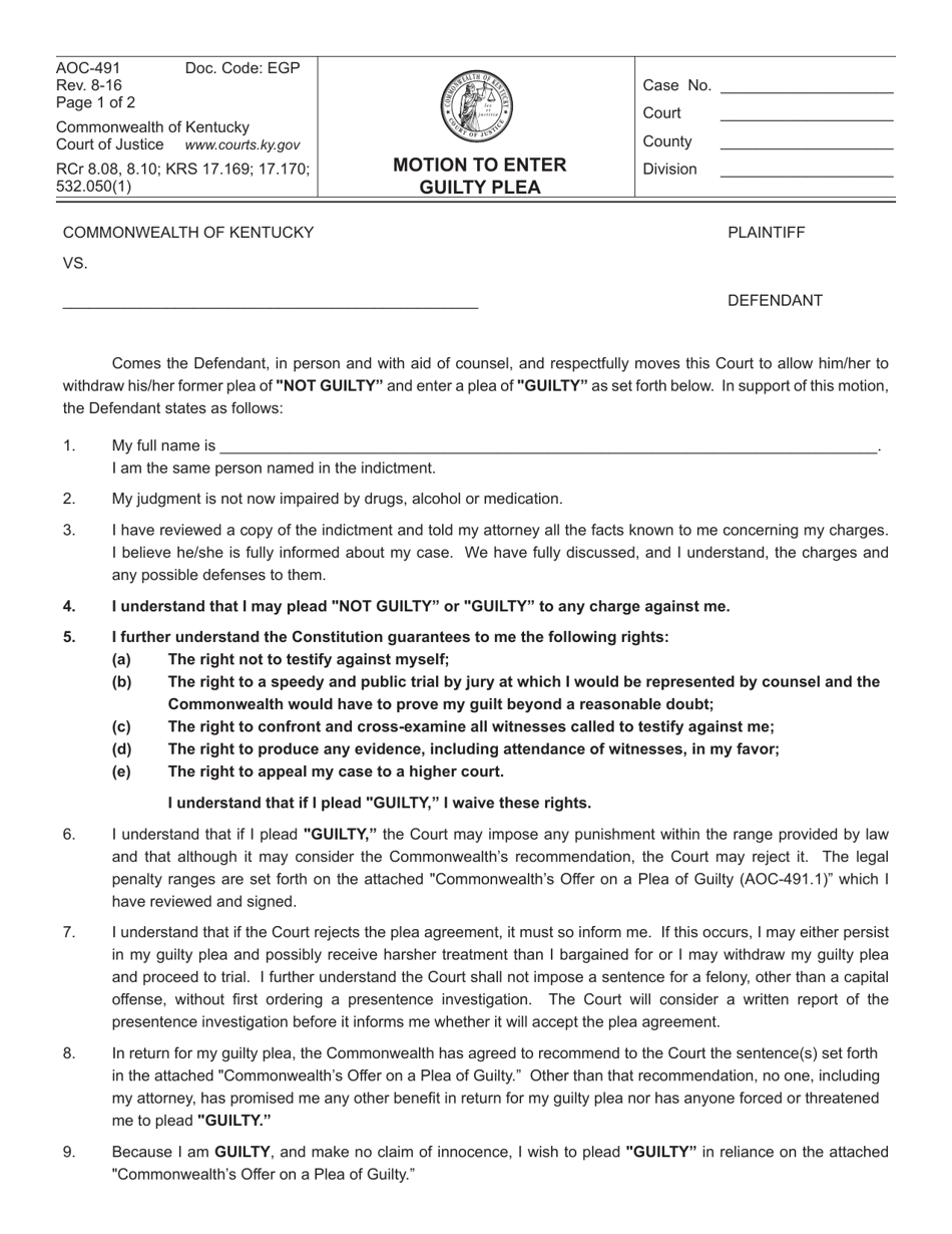 Form AOC-491 Motion to Enter Guilty Plea - Kentucky, Page 1