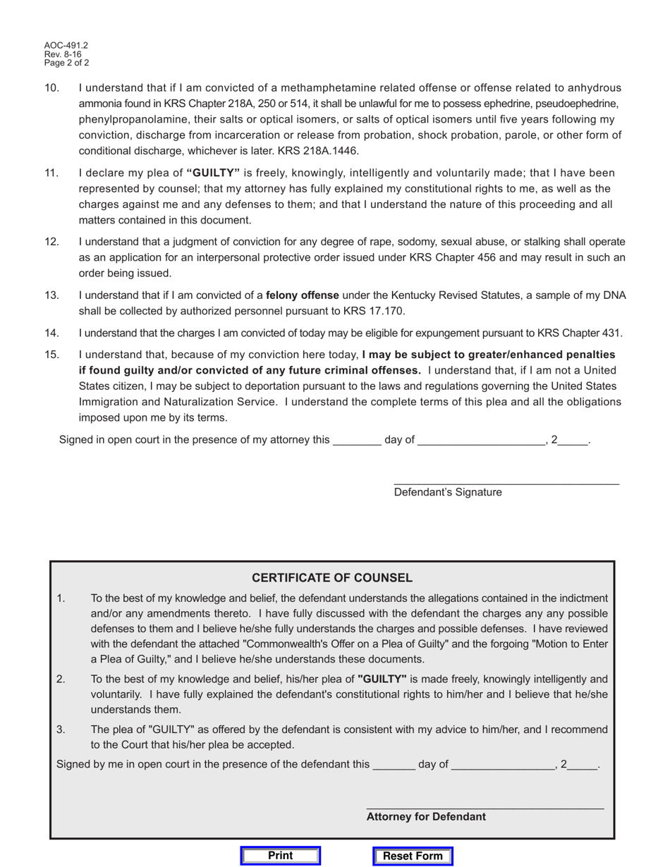 Form AOC-491.2 Motion to Enter Guilty Plea Pursuant to North Carolina VS. Alford - Kentucky, Page 2