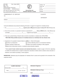 Document preview: Form AOC-492 Application for Hardship Driver's License - Kentucky