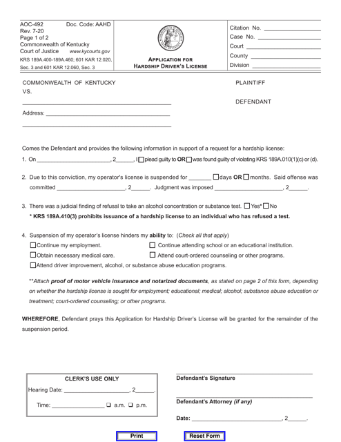 Form AOC-492 Application for Hardship Driver's License - Kentucky