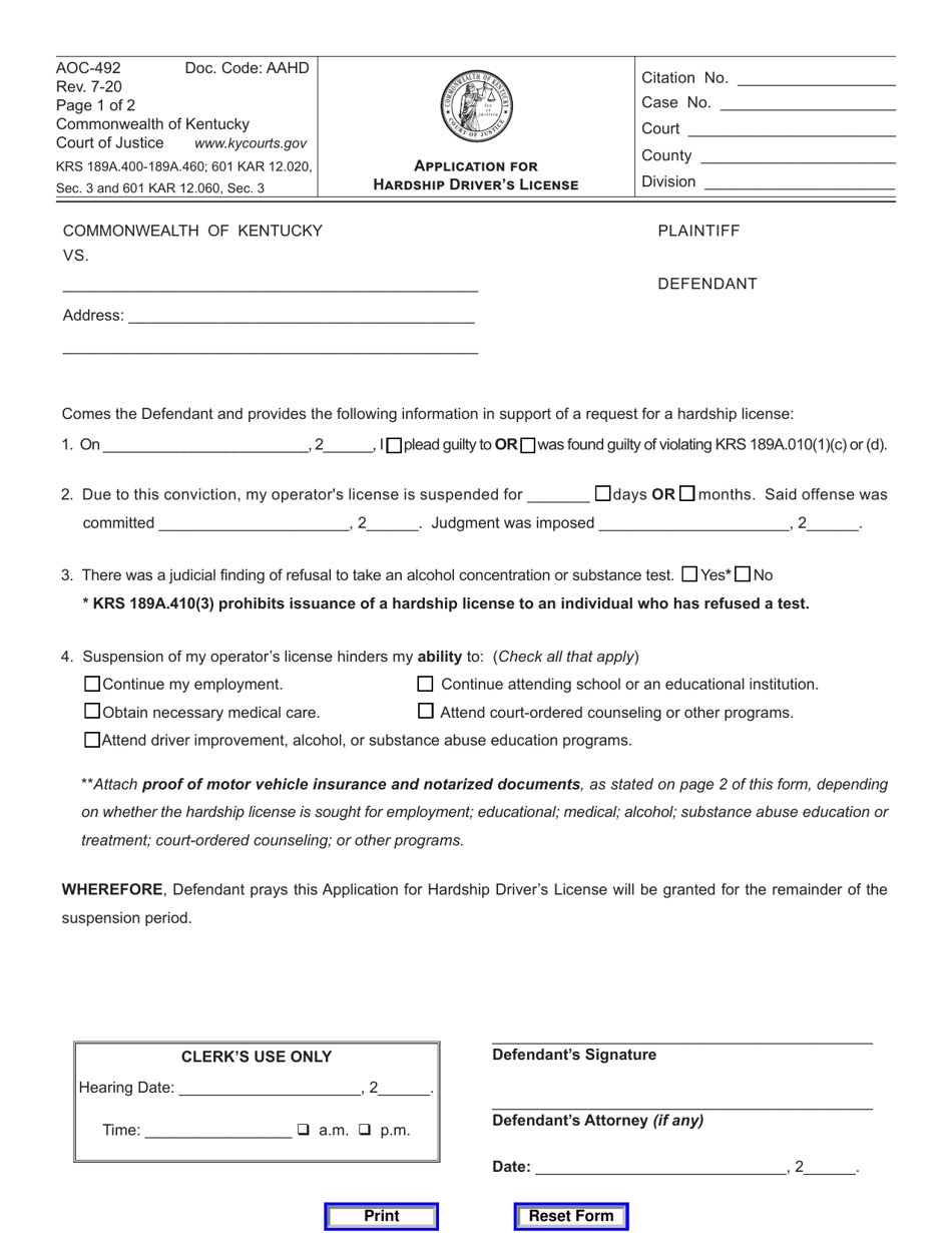 Form AOC-492 Application for Hardship Drivers License - Kentucky, Page 1