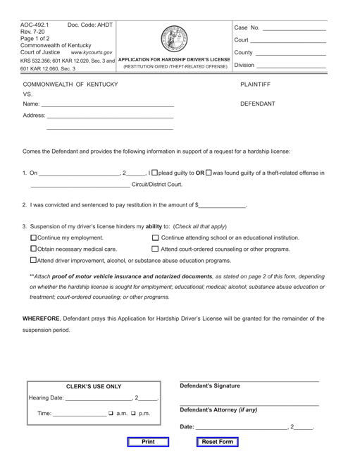 Form AOC-492.1 Application for Hardship Driver's License (Restitution Owed/Theft-Related Offense) - Kentucky