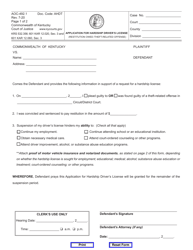 Form AOC-492.1 Application for Hardship Driver&#039;s License (Restitution Owed/Theft-Related Offense) - Kentucky