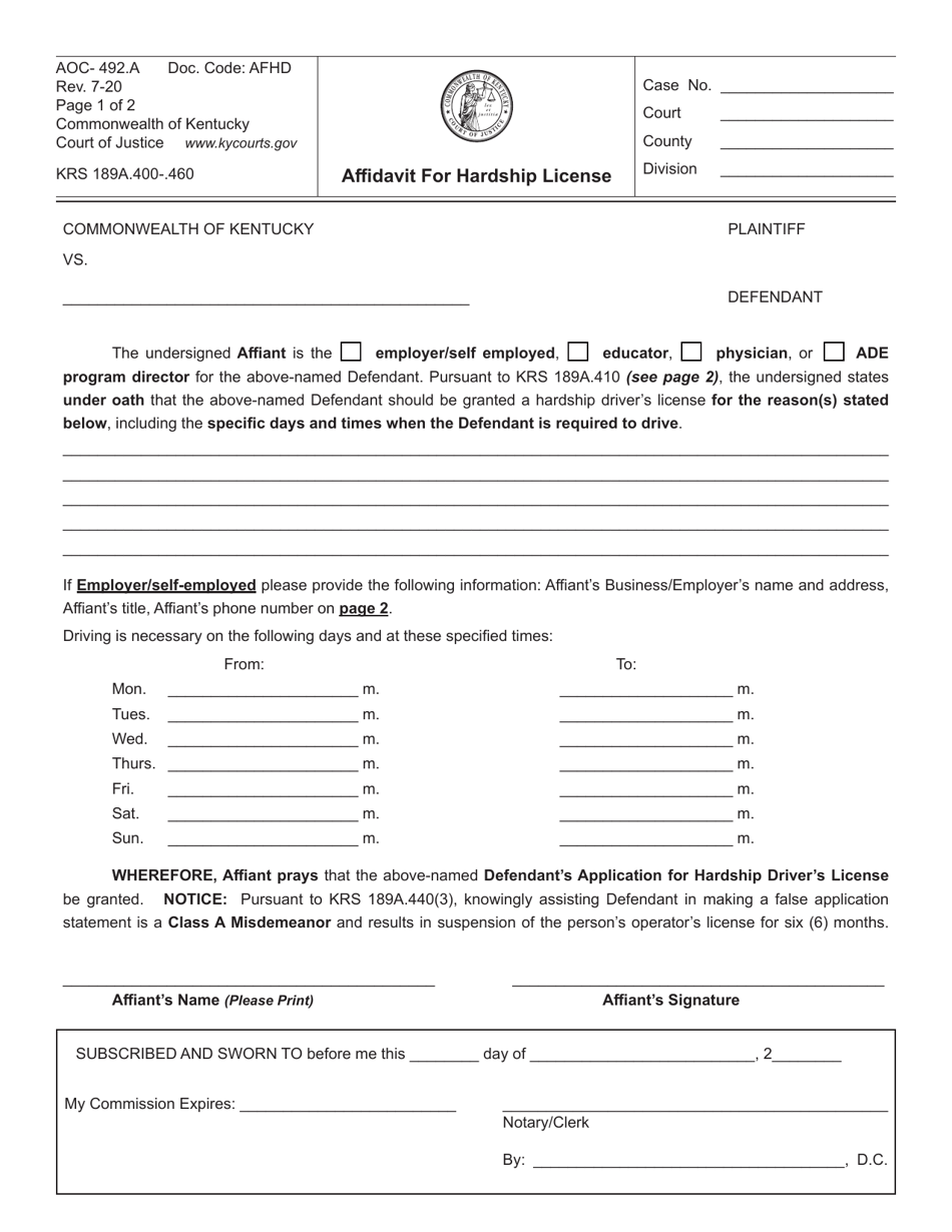 Form AOC-492.A Affidavit for Hardship License - Kentucky, Page 1