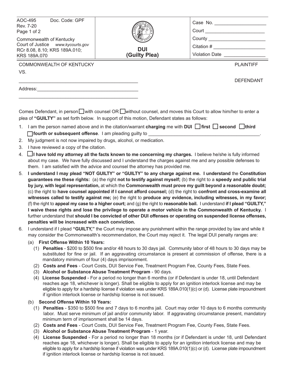 Form AOC-495 Dui (Guilty Plea) - Kentucky, Page 1