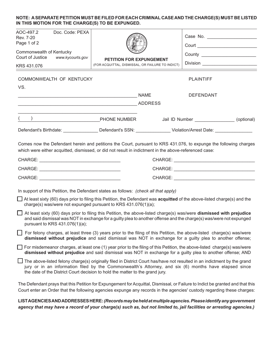 Form AOC-497.2 Petition for Expungement (For Acquittal, Dismissal, or Failure to Indict) - Kentucky, Page 1