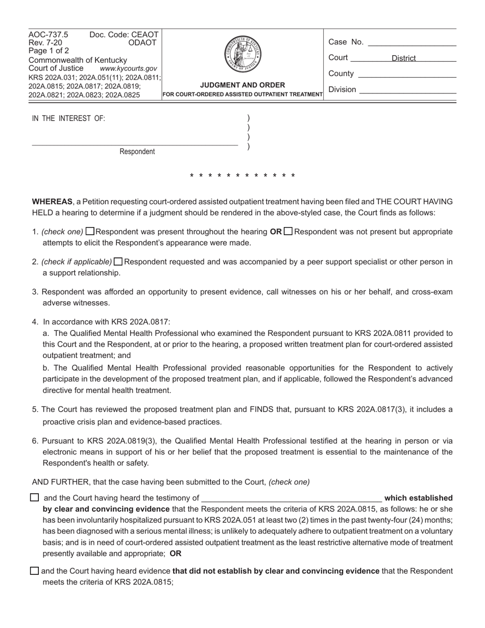 Form AOC-737.5 Judgment and Order for Court-Ordered Assisted Outpatient Treatment - Kentucky, Page 1