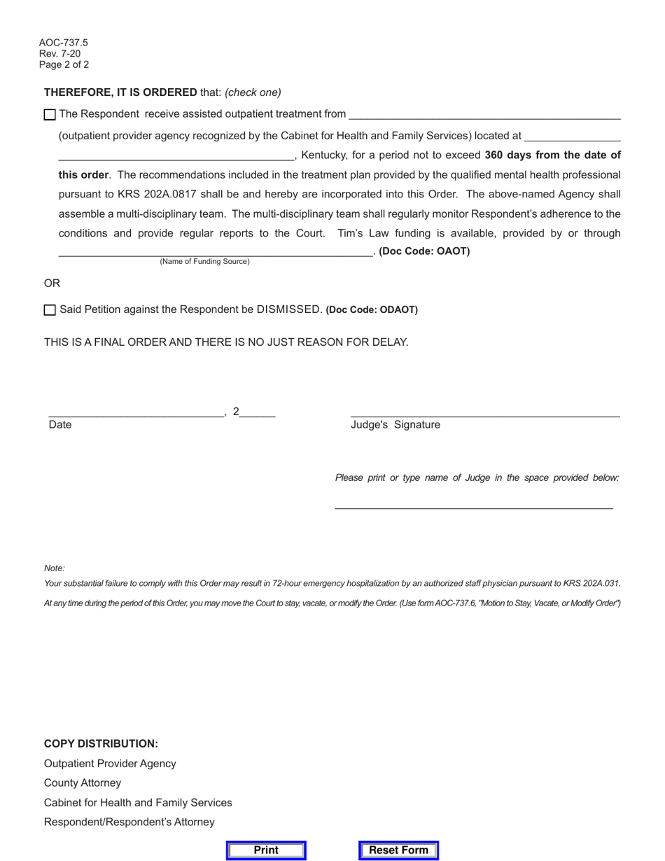 Form AOC-737.5 Download Printable PDF or Fill Online Judgment and Order ...