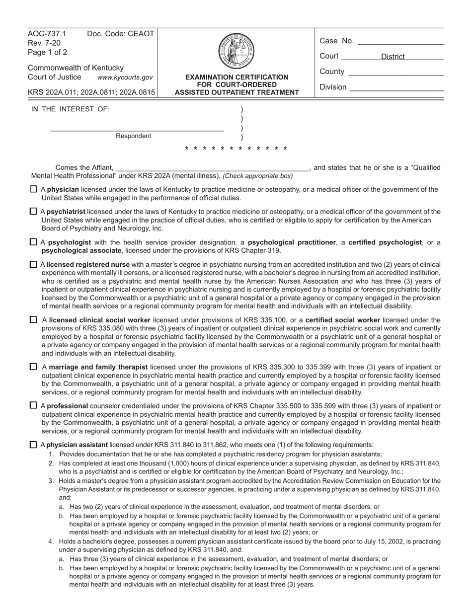 Form AOC-737.1 Examination Certification for Court-Ordered Assisted Outpatient Treatment - Kentucky, Page 1