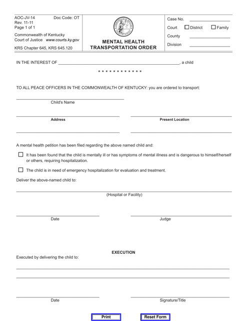 Form AOC-JV-14 Mental Health Transportation Order - Kentucky