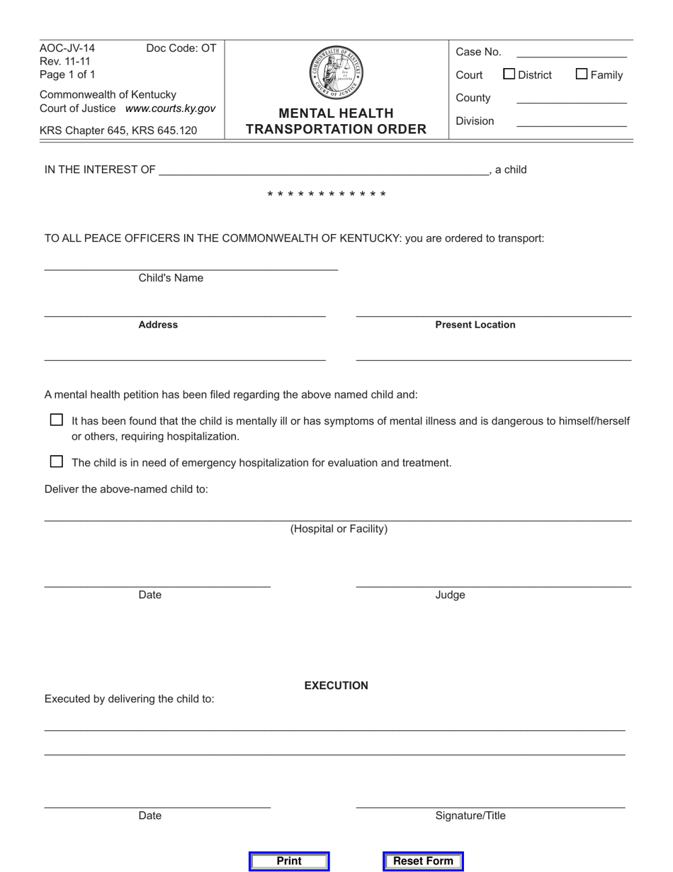 Form AOC-JV-14 Mental Health Transportation Order - Kentucky, Page 1