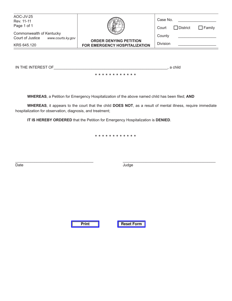 Form AOC-JV-25 Order Denying Petition for Emergency Hospitalization - Kentucky, Page 1