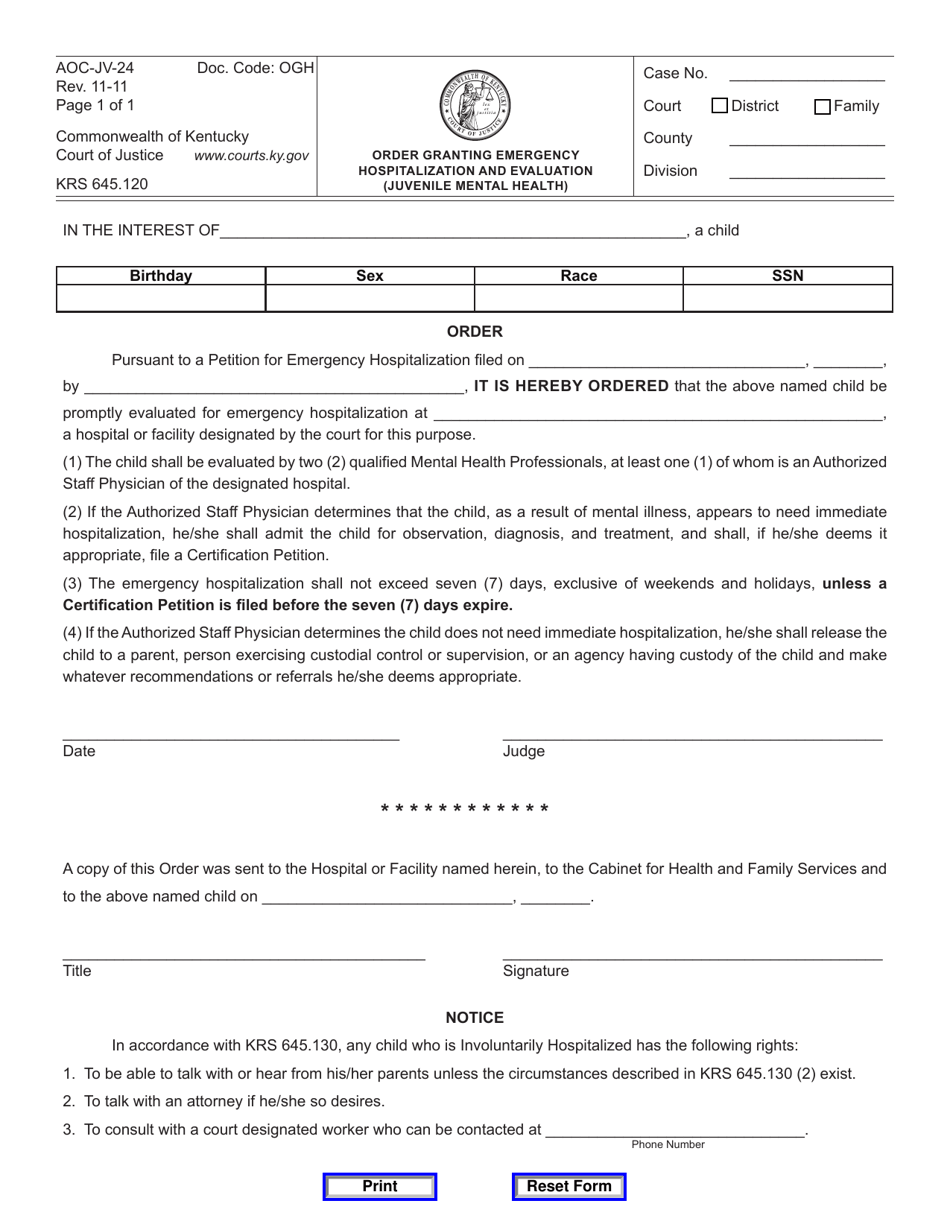 Form AOC-JV-24 Order Granting Emergency Hospitalization and Evaluation (Juvenile Mental Health) - Kentucky, Page 1