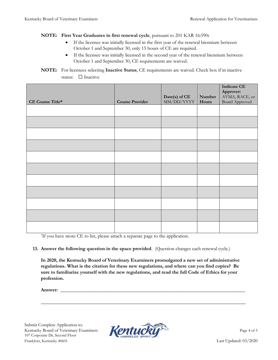 Reinstatement Application for Veterinarians - Kentucky, Page 4