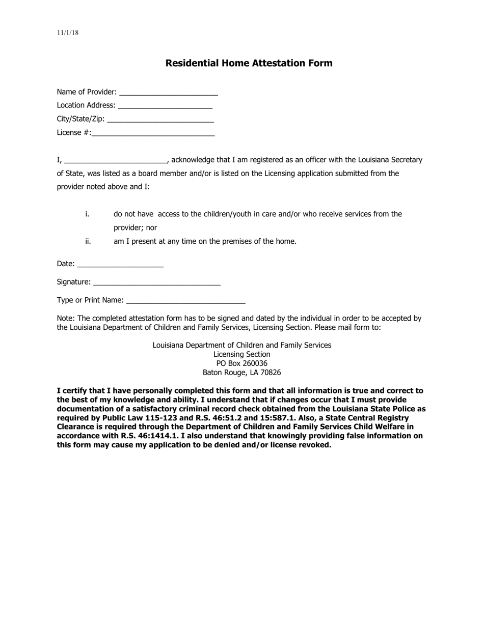 Louisiana Residential Home Attestation Form Download Printable PDF 2018 