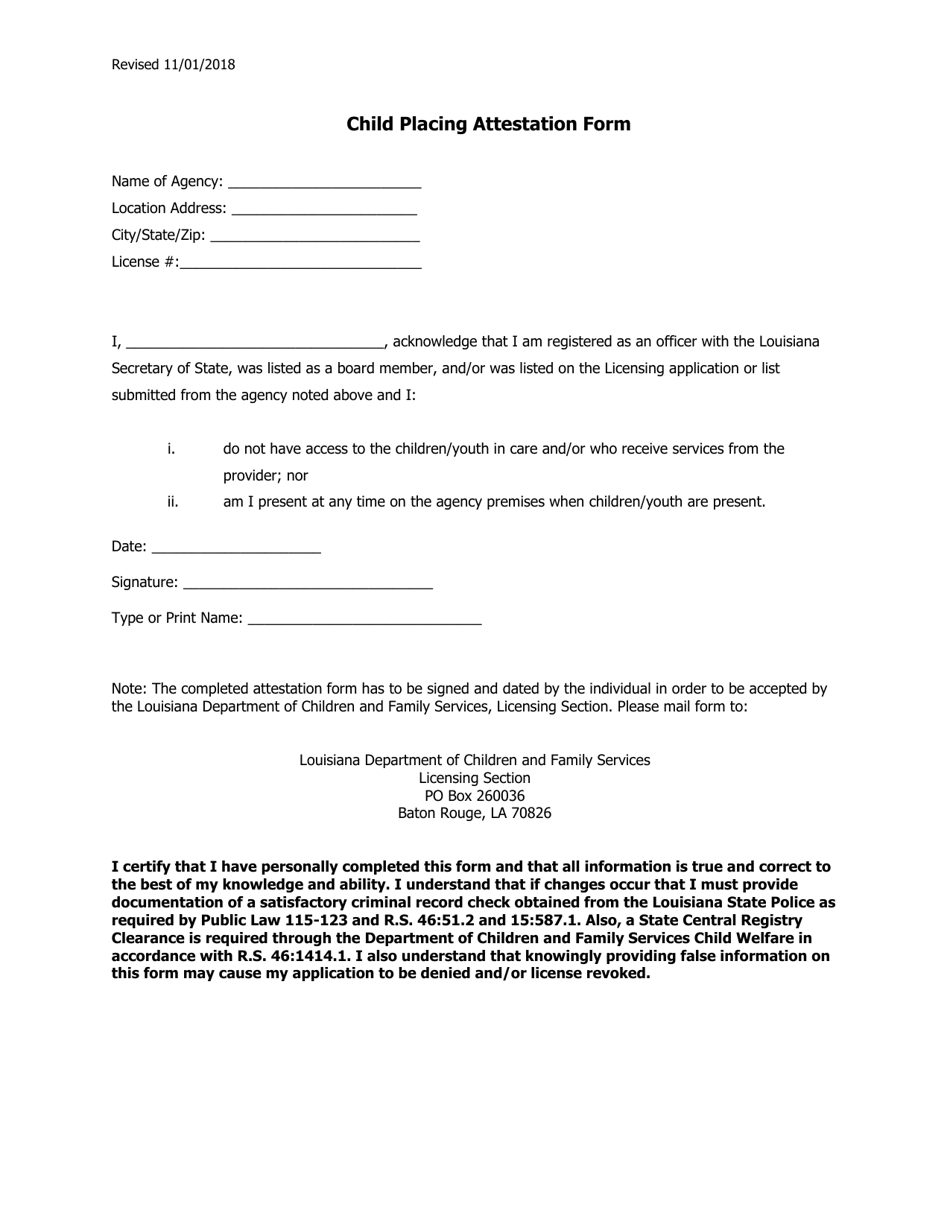 Child Placing Attestation Form - Louisiana, Page 1