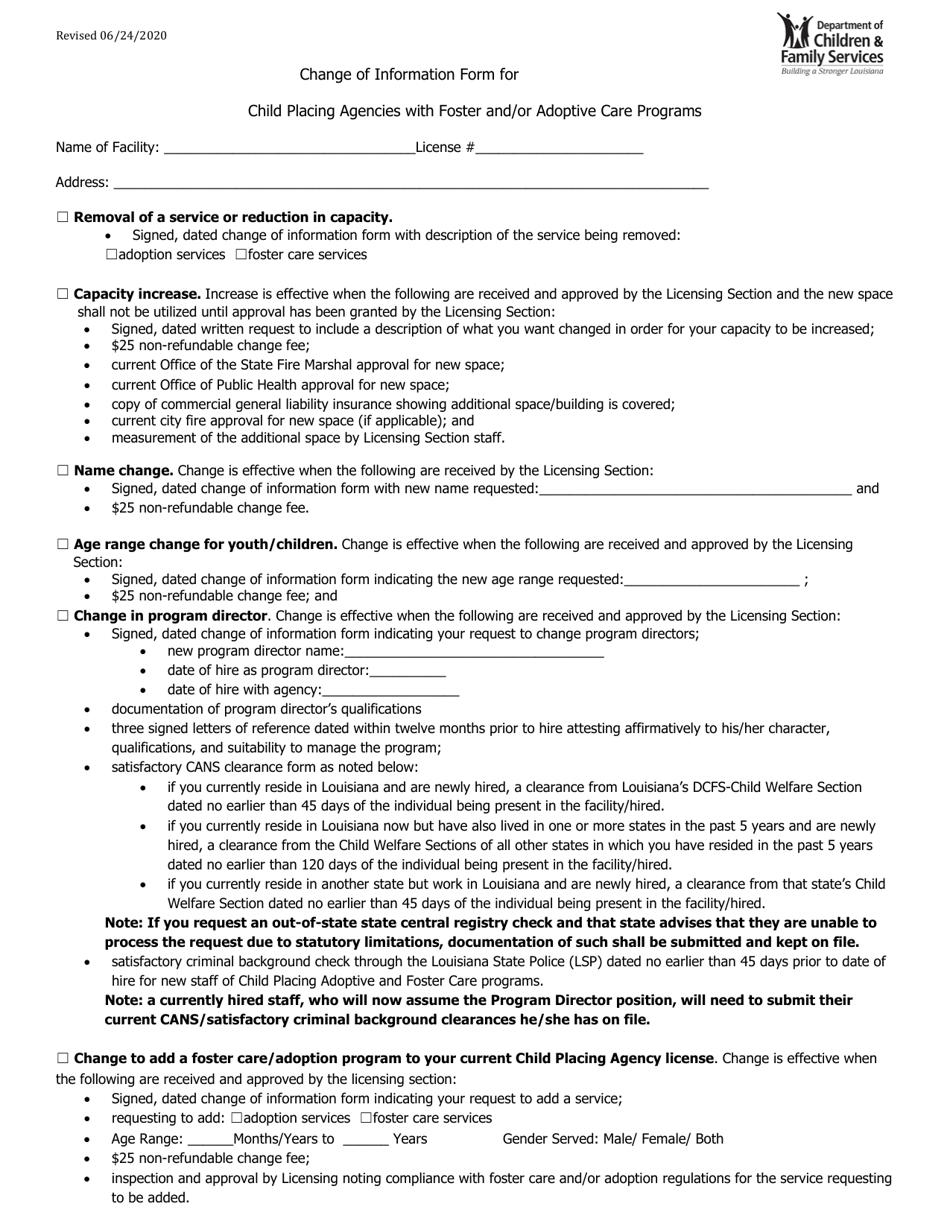 Louisiana Change of Information Form for Child Placing Agencies With ...