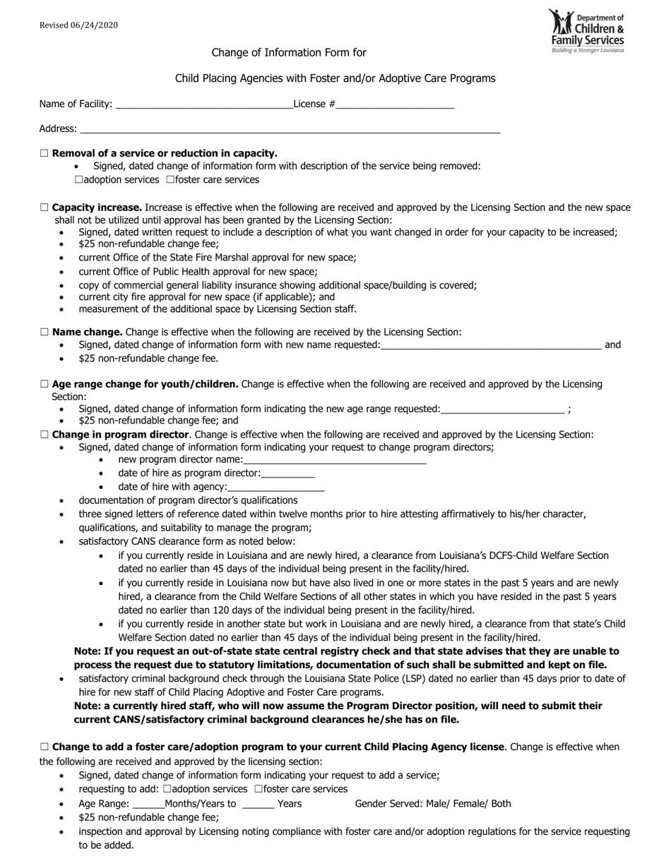 Change of Information Form for Child Placing Agencies With Foster and / or Adoptive Care Programs - Louisiana, Page 1