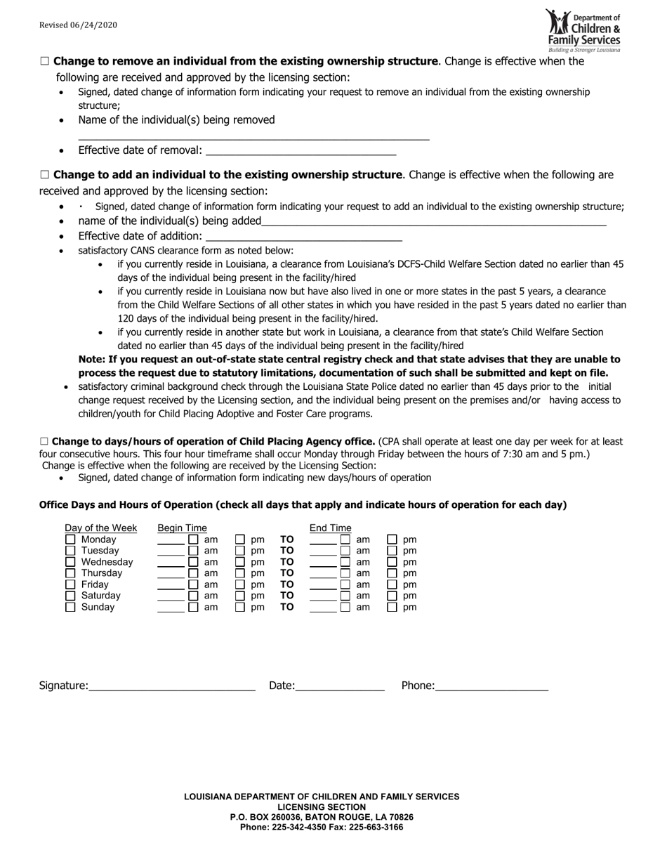 Change of Information Form for Child Placing Agencies With Foster and / or Adoptive Care Programs - Louisiana, Page 2