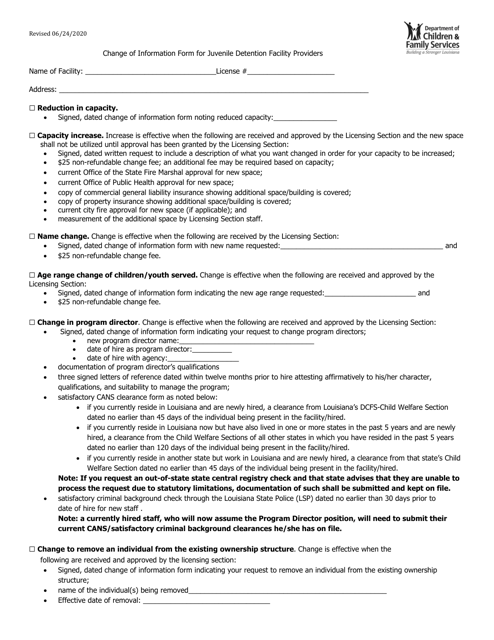 Change of Information Form for Juvenile Detention Facility Providers - Louisiana Download Pdf