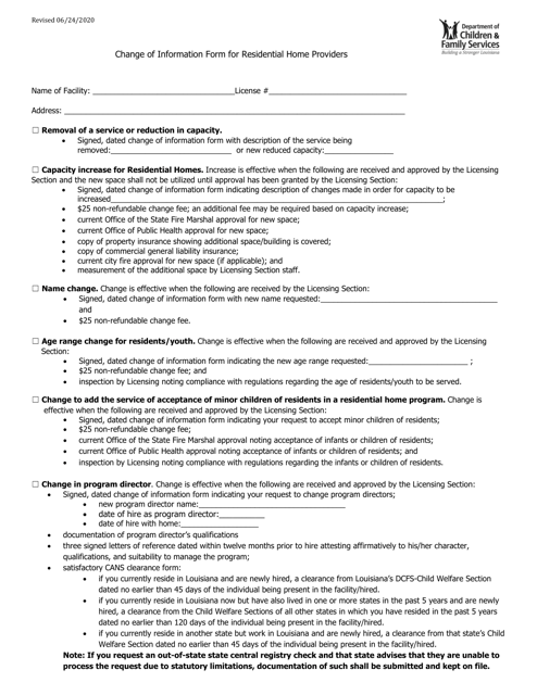 Change of Information Form for Residential Home Providers - Louisiana Download Pdf