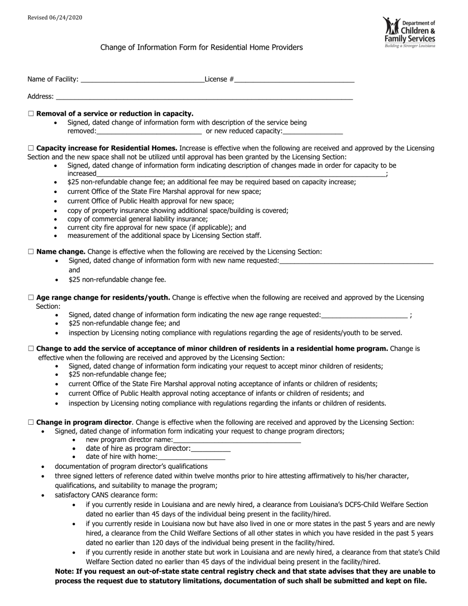 Change of Information Form for Residential Home Providers - Louisiana, Page 1