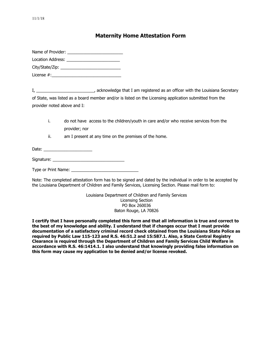 Maternity Home Attestation Form - Louisiana, Page 1