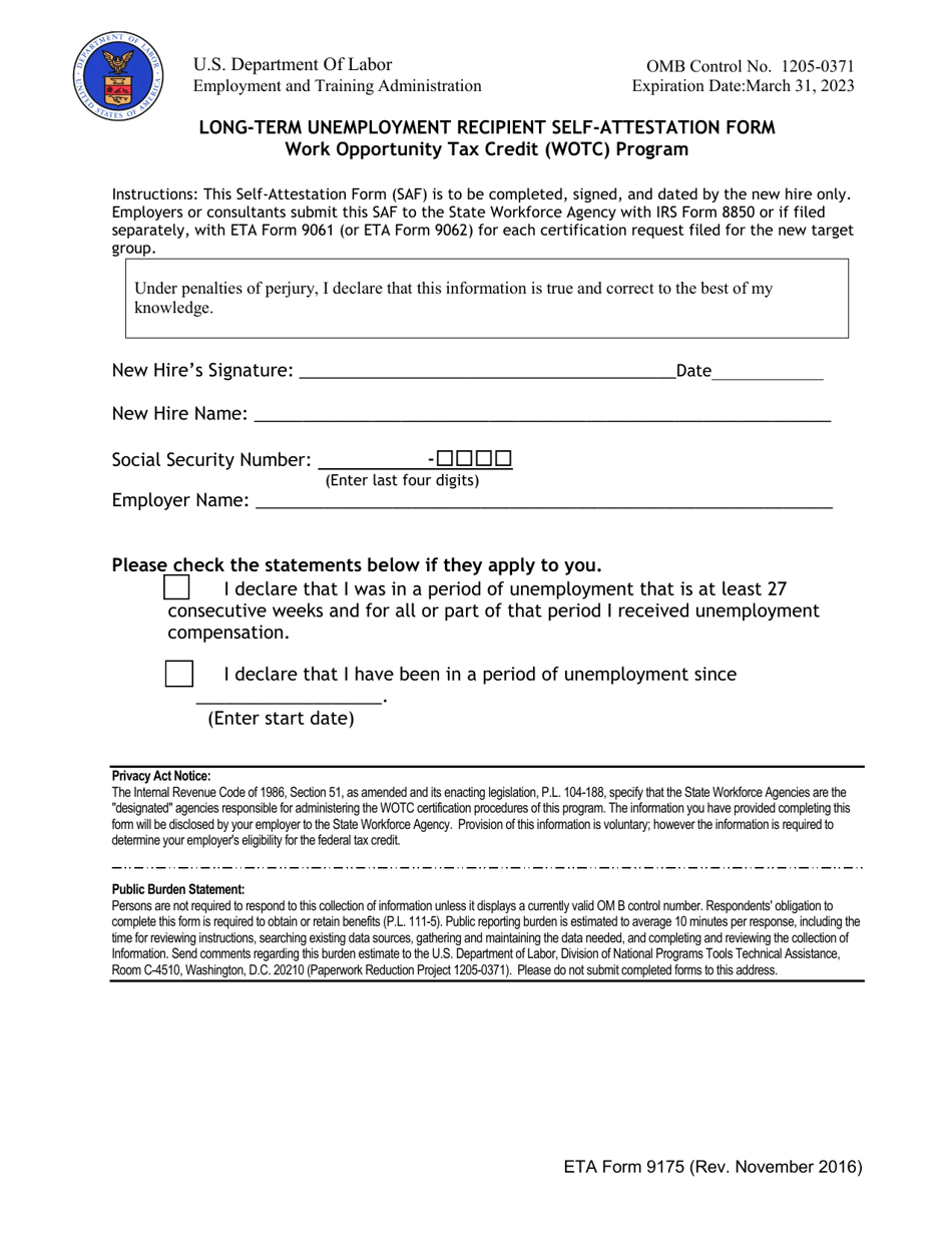 ETA Form 9175 Long-Term Unemployment Recipient Self-attestation Form, Page 1