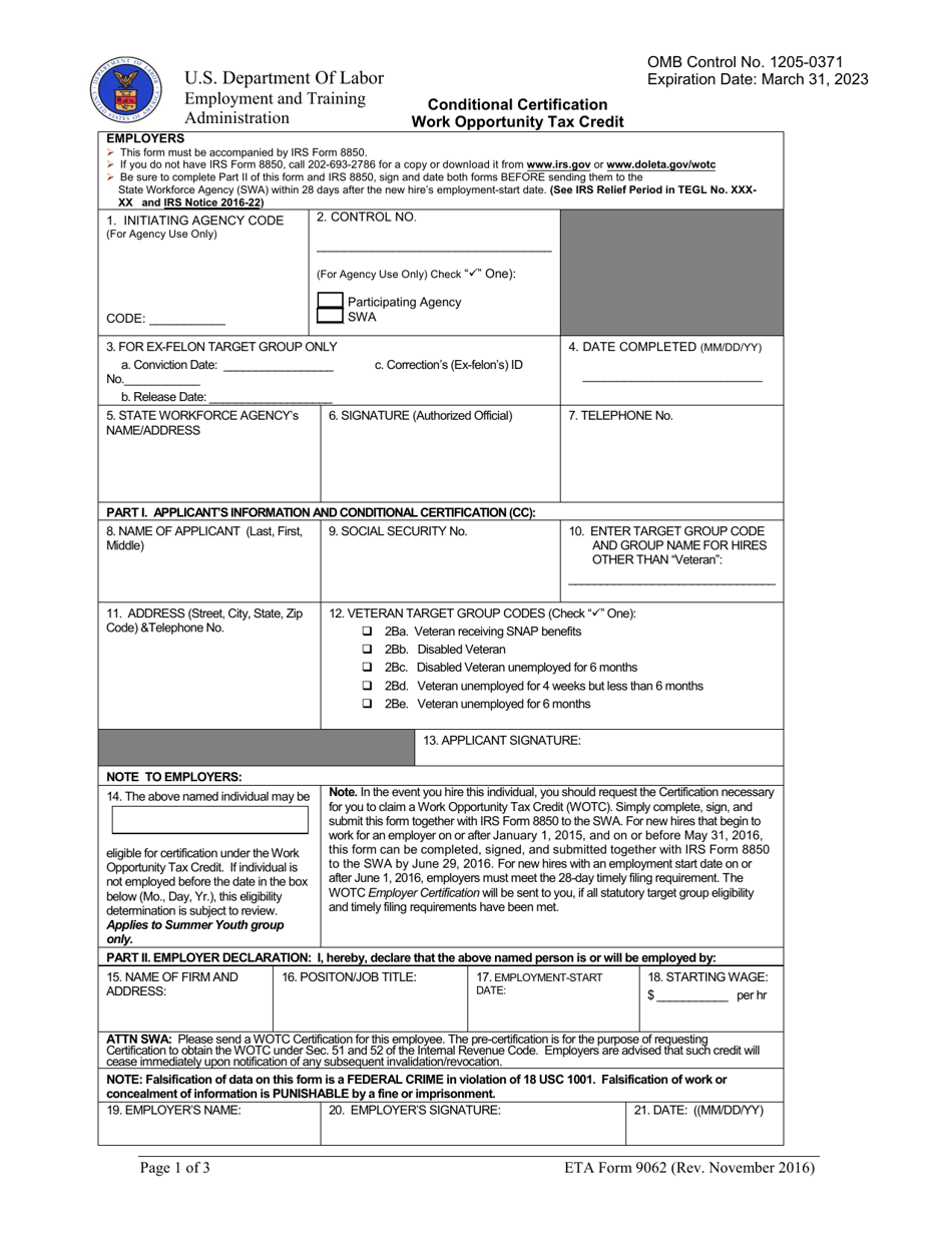 ETA Form 9062 Conditional Certification, Page 1
