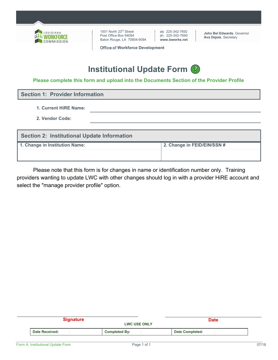 Form A Institutional Update Form - Louisiana, Page 1