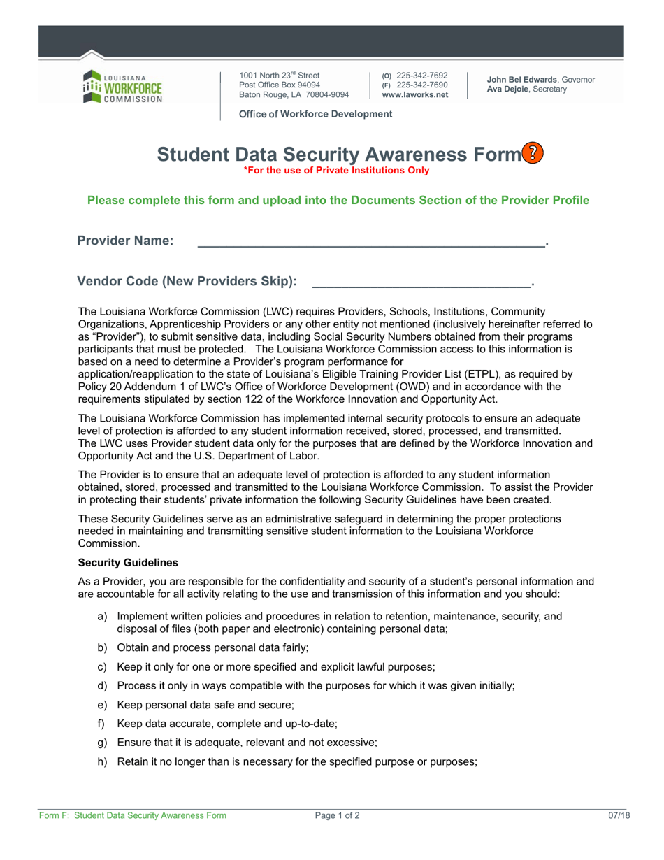 Form F Student Data Security Awareness Form - Louisiana, Page 1